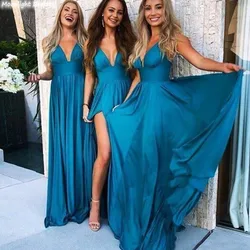 Sexy V-Neck Blue Evening Dresses Spaghetti Straps Side Split Wedding Guest Dresses Sleeveless Satin Party Gowns For Women