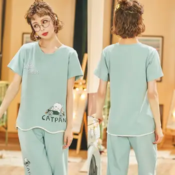

Cotton Women pyjama set Homewear Cute Cartoon Lounge Wear Simple pajamas lady Short summer female pajamas Sleepwear pijama mujer