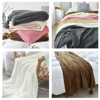 

Nordic Knitted Throw Blanket with Tassels Pendant Pineapple Pattern Weave Shawl