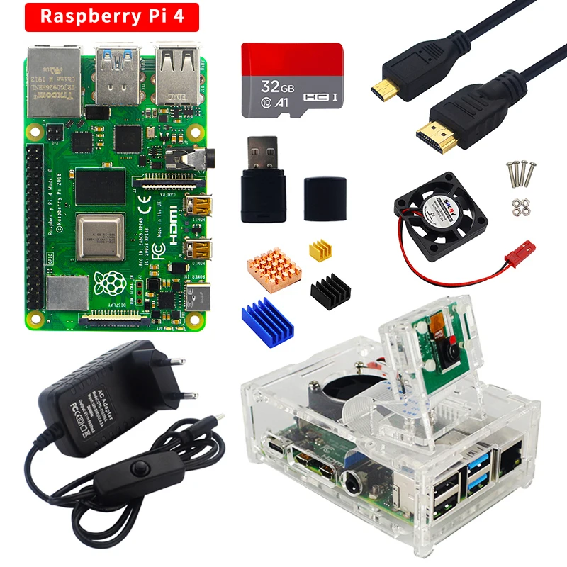 Raspberry Pi 4 Kit 2Gb 4Gb 8Gb Ram Board + Fotocamera Da 5Mp + Custodia In Acrilico + Alimentatore + Scheda Sd + Dissipatori Di Calore Per Raspberry P