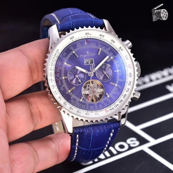 

Luxury Brand New Men Automatic Mechanical Watches Black Blue Brown Leather Tourbillion Stainless Steel Sport Watch Calendar AAA+
