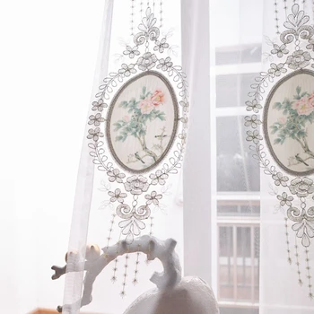 

Pink Floral Embroidered Tulle Curtain for Living Room Patch Oval Mirror Sheer Lace Wave Bottom Balcony Window Gauze Tende JS220C