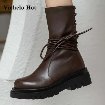 

Vichelo Hot European style simple design genuine leather round toe high heels classic beauty lady daily wear mid-calf boots L89