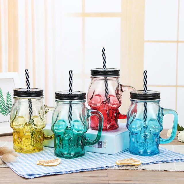 Glass Cup Mason Jar Gradient Transparent With Cover And Straw Water Bottle  Mug For Fruit Juice Cool Drink Kitchen Accessories