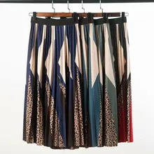 Осень Зима Женская длинная Плиссированная юбка Новая эластичная высокая талия леопардовый принт пэтчворк контрастный цвет Harajuku юбка Saias