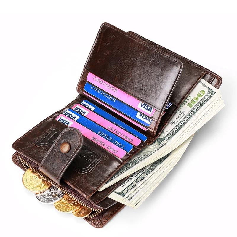 

Men's Wallet Leather Genuine Luxury RFID Casual Retro Wallet Multi-function Card Holder Cash Bag Small Zipper Coin Pocket Purse