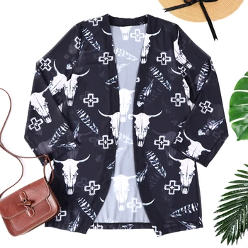 

New Women Fashion Cardigan Bull Head Print Feather cross Three Quarter Sleeve Cardigan Loose Spring Summer Cardigan 2020 Hot