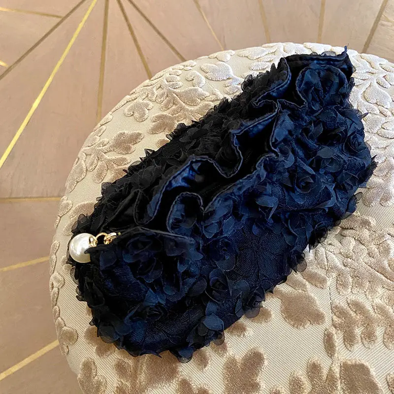 Light Luxury Lace Women's Hand Bag Embroidered Three-dimensional Flower Gauze Makeup Bag Portable Out Party Fashion Storage Bag