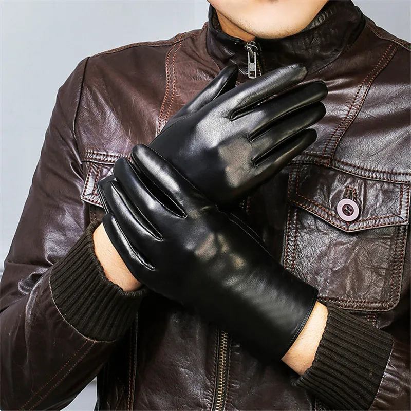 

NewGenuine Leather Gloves Male Fashion Simple Lambskin Gloves Man Black Autumn Winter Plus Velvet Thicken Warm For Driving DQ208