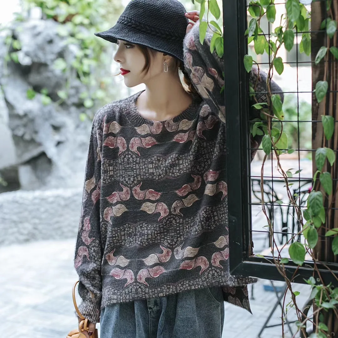 

prints loose comfortable large size long-sleeved round neck sweater autumn pullover XXZ