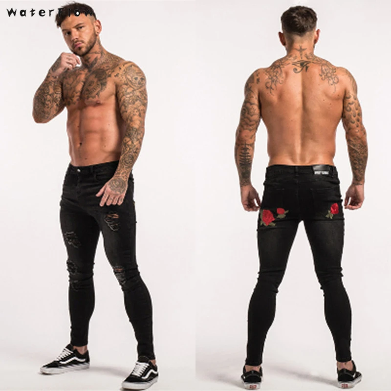 

Fashion Men Casual Slim pants embroidery jeans Straight High Stretch Feet skinny jeans men's black trousers