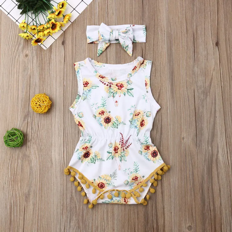Sunflower White Pudcoco летняя Одежда для новорожденных девочек платье без рукавов с кисточками и принтом Детский комбинезон с повязкой-бантом, комплект из 2 предметов, летняя одежда - Цвет: Sunflower White