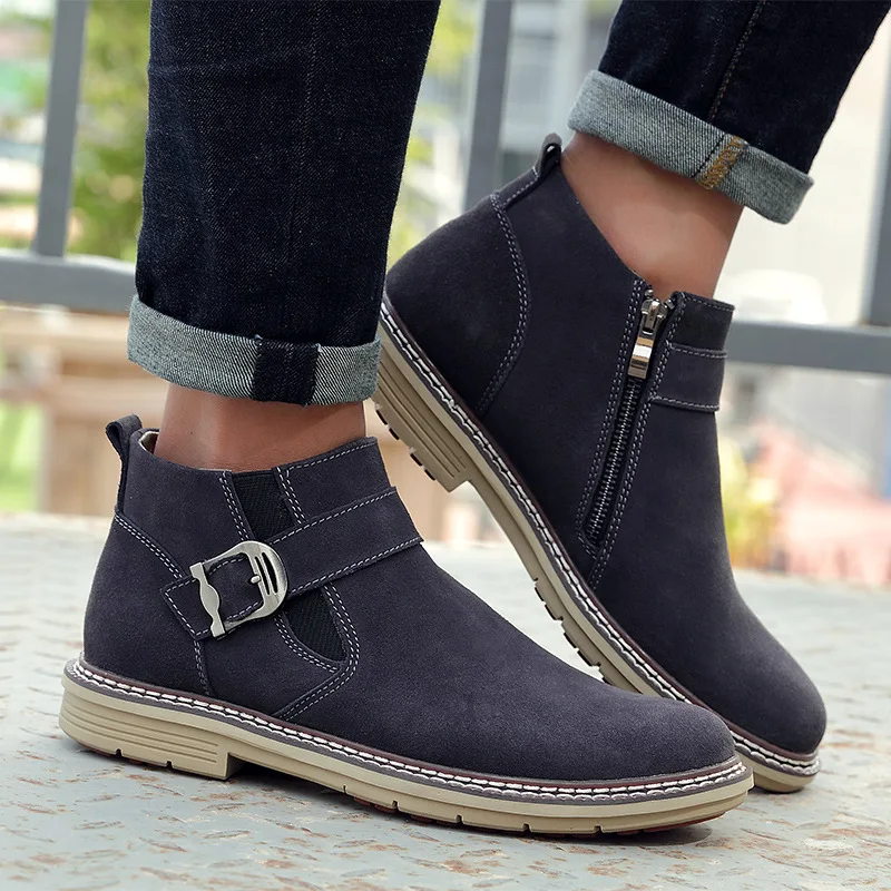 

Chelsea Boots Men Autumn Early Winter High Top Ankle Boots Pointed Toe Flock Brand Winter Shoes Fashion Mens Boots