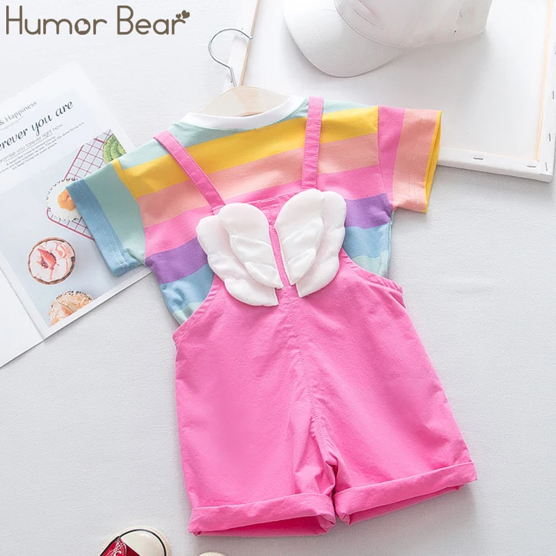 

Humor Bear 2019 New Summer Children Clothing Set Korean Version Wings Short-sleeved+Strap Pants Infant Baby Girls Clothes Suit