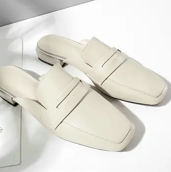 

Genuine Leather Square Toe Mules Retro British Style Lazy Sandals Flet Heel Comfor Women's Slippers 2020 Spring Autumn Black Apr