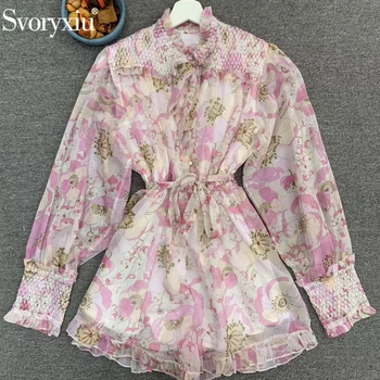 

Svoryxiu Runway Designer Women Summer Vintage Playsuits Ladies Long Sleeve Floral Print Mesh Bow Sashes Elegant Rompers
