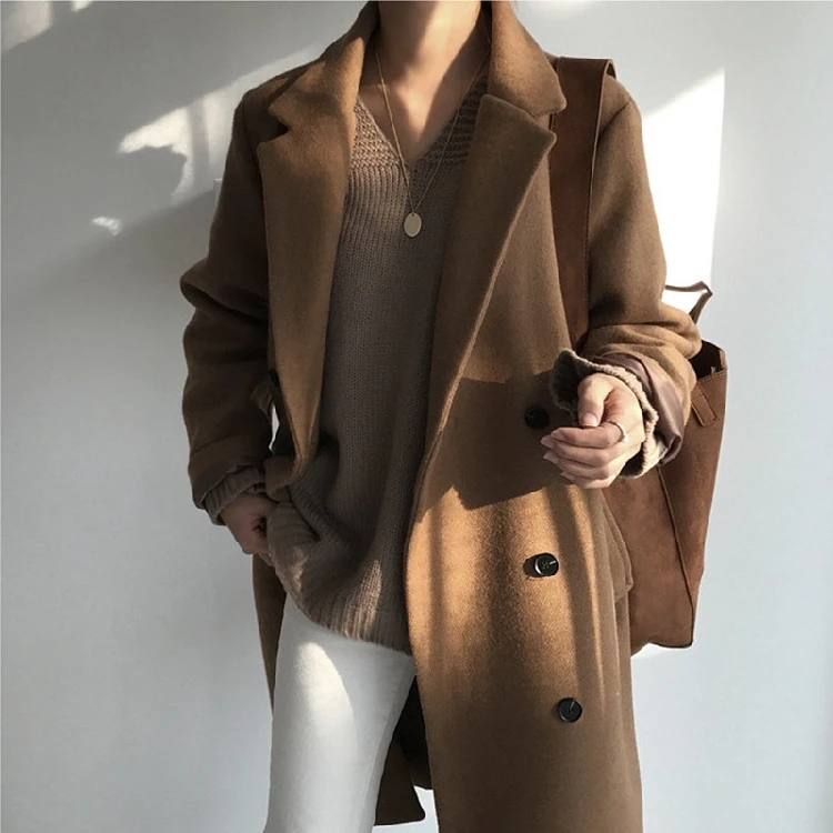 Осенне-зимние пальто женское элегантное черное пальто корейский стиль женское длинное двубортное пальто