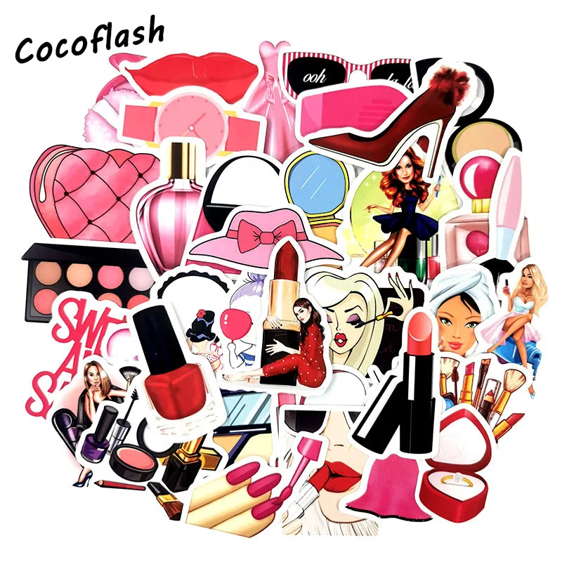 50pcs Watercolor Beauty Cartoon Cosmetics Lipstick Sticker For Notebook Luggage Laptop Bicycle Motorcycle Laptop Toys Stickers