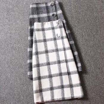

autumn winter vintage plaid woolen skirt women high waist package hip knee length a-line skirt