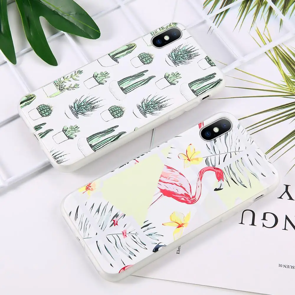 KJOEW Clear TPU Silicone Case For iPhone X 8 7 Plus Transparent Cartoon Flamingo Green Leaves Phone Cover for XS Max XR C |