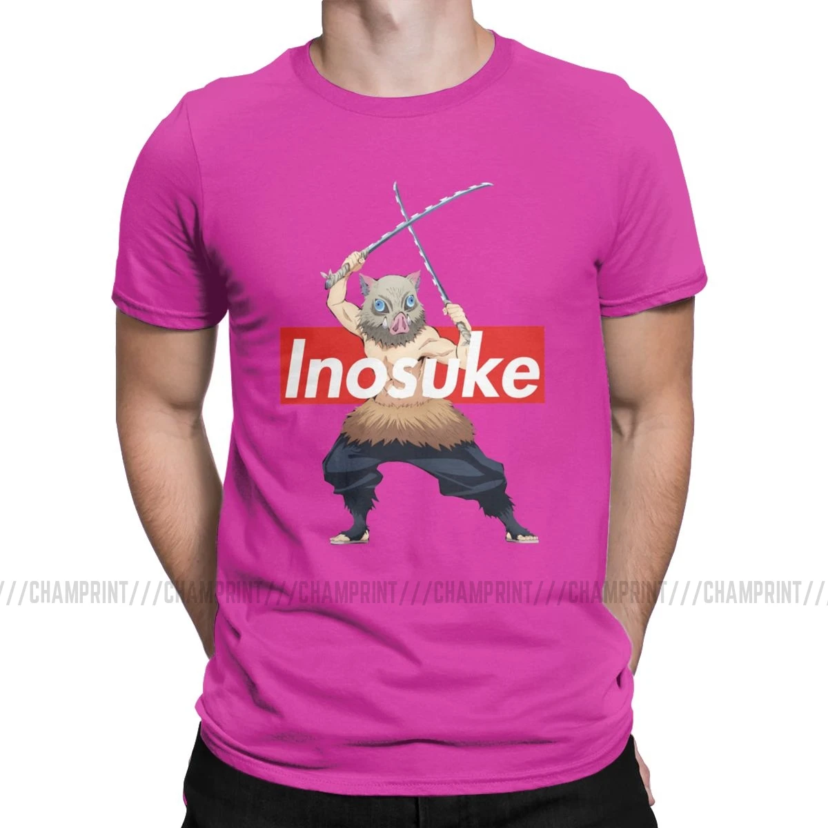 Фуксия Inosuke Hashibira Kimetsu No Yaiba аниме Мужская футболка Demon Slayer аниме Awesome Tees короткий рукав Футболка размера плюс одежда - Цвет: Фуксия
