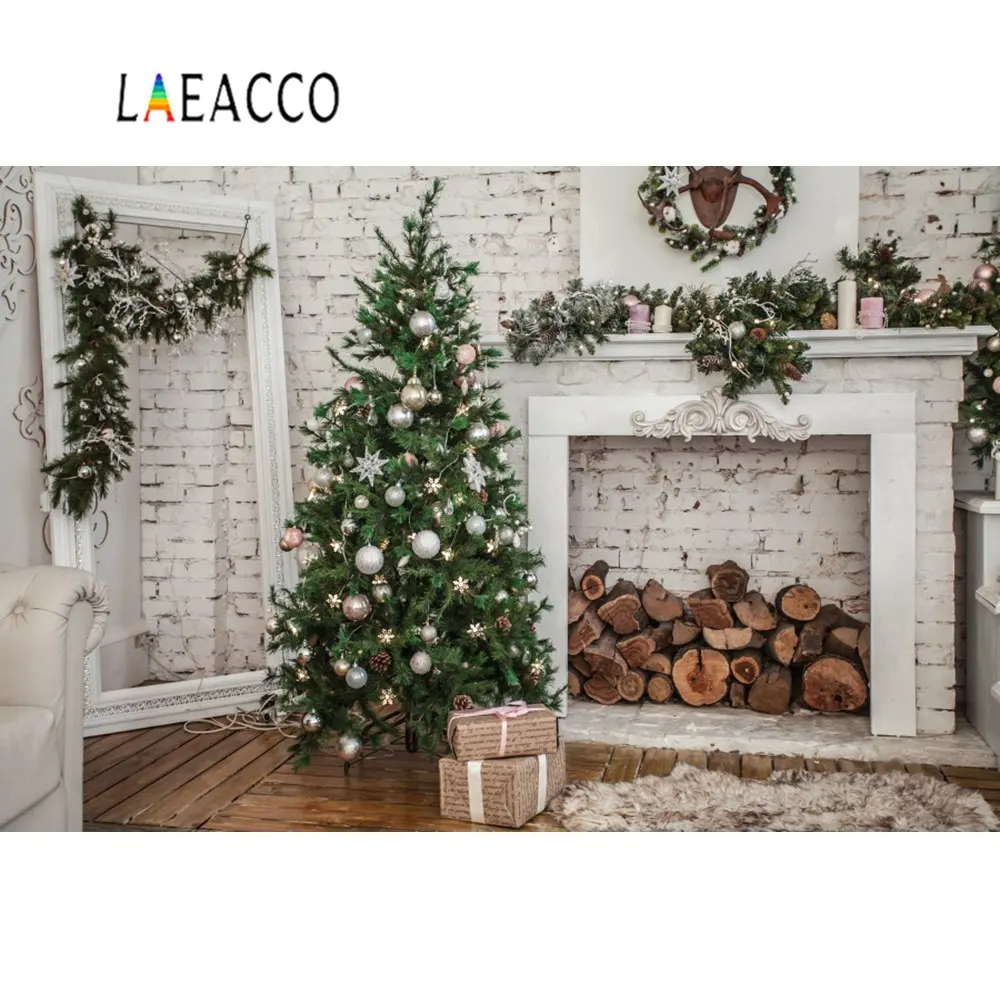 

Laeacco Gray Brick Wall Christmas Tree Bauble White Tree Gift Wood Wreath Mirror Child Photo Backgrounds Backdrops Photo Studio