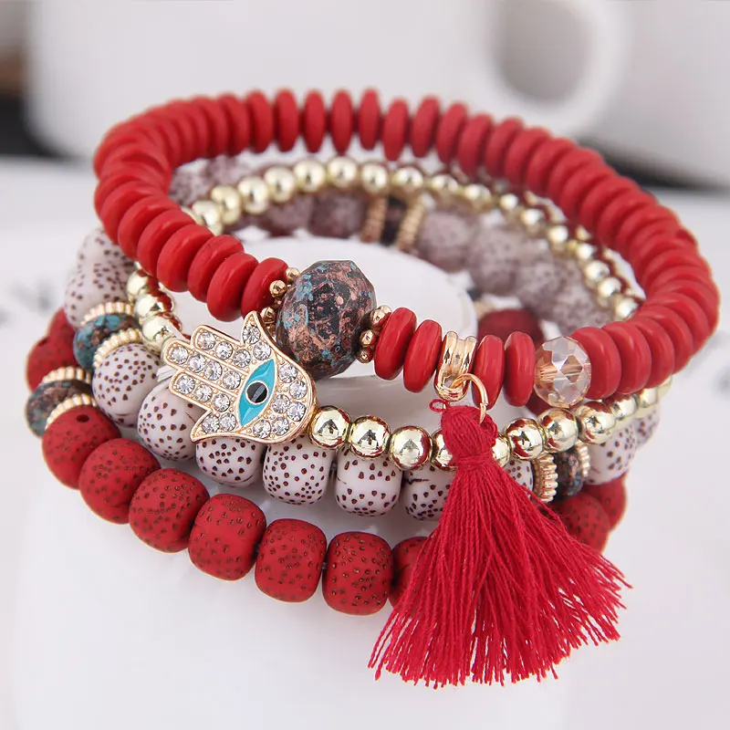 Beaded Bracelet 4pcs Boho Hand And Eyes Pendant Charm Natural Beads Lava Stone Wristband Bracelet Bangles