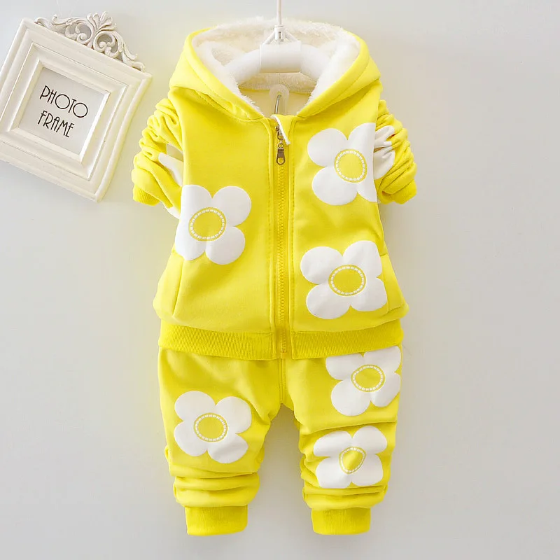 BibiCola/комплект одежды для новорожденных девочек; зимний утепленный комплект одежды для маленьких девочек; теплые толстовки с капюшоном+ брюки; одежда с цветочным принтом для маленьких девочек - Цвет: yellow set