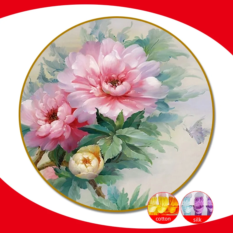 DIY Beautiful Pink Peony Flower Chinese Style Printed Cross Stitch Kits Embroidery Needlework Set Flowers DMC Cotton Thread 11CT