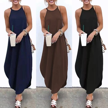 

Hirigin Summer Women Boho Casual Long Soft Solid Maxi Dress Sleeveless Beach Loose Dress Sundress