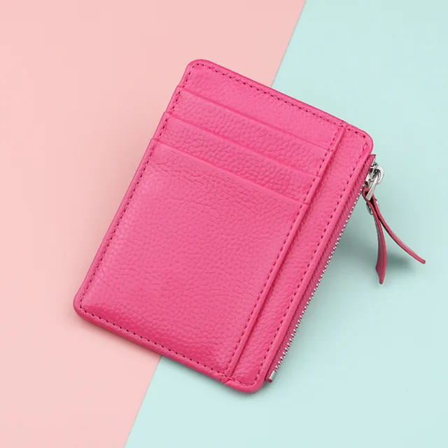 1PC Small Women Men Credit ID Card Holder PU Leather Zipper Fashion Ultra-Thin Wallet Money Bag Case Coin Purse Clip Organizer Rose red