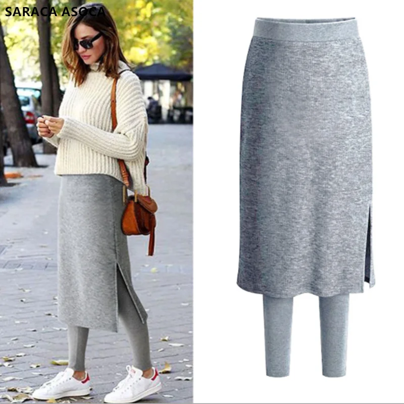Elastic Waist Winter Bust Thicken Fake Two Pieces Female High Waist Mid-length Skirt Pants Autumn Keep Warm girls
