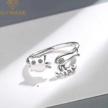 

XIYANIKE Newly Arrived 925 Sterling Silver Creative Fashion Simple Cat Fish Crystal Rings Jewelry For Women Size 16mm Adjustable