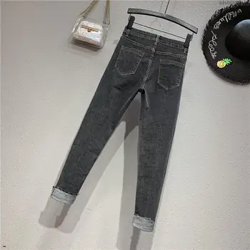 

Women Tight Summer Autumn Female Lady European Fashion Heavy Bead Color Matching Jeans New Skinny Pencil Pants Rivet Jeans