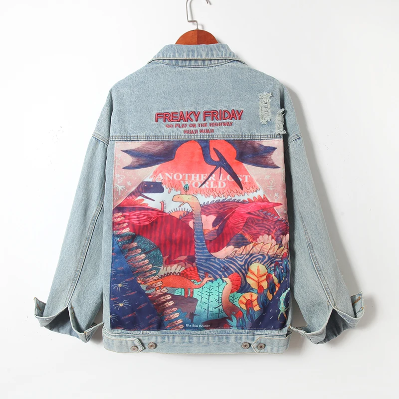 

Cartoon Dinosaur World Print Denim Jacket Women Tearing Hole Jean Jackets Bf Style Long Sleeve Streetwear Do Old Coat