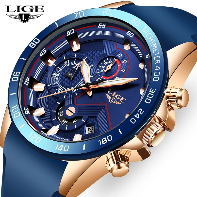 

2019 Men's Watch LIGE Top Brand Luxury Waterproof Date Chronograph Leisure Quartz Watch Men's Silicone Sports Relogio Masculino