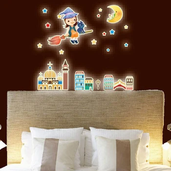 

Kids Bedroom Fluorescent Stickers Stars Luminous Witch Star Stickers Cute Broom Girl Moon Glow Wall Stickers Home Decoration