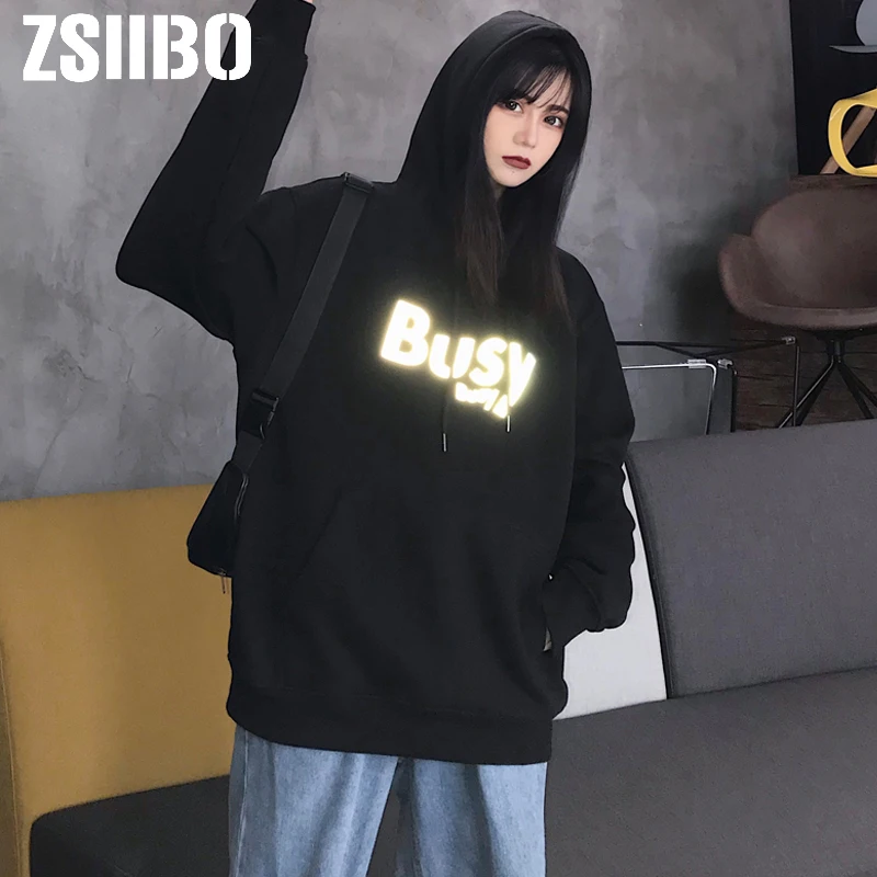 Harajuku Reflective Women Hoodie letter print Winter fashion Solid color hip-hop streetwear night shiny pullovers clothes