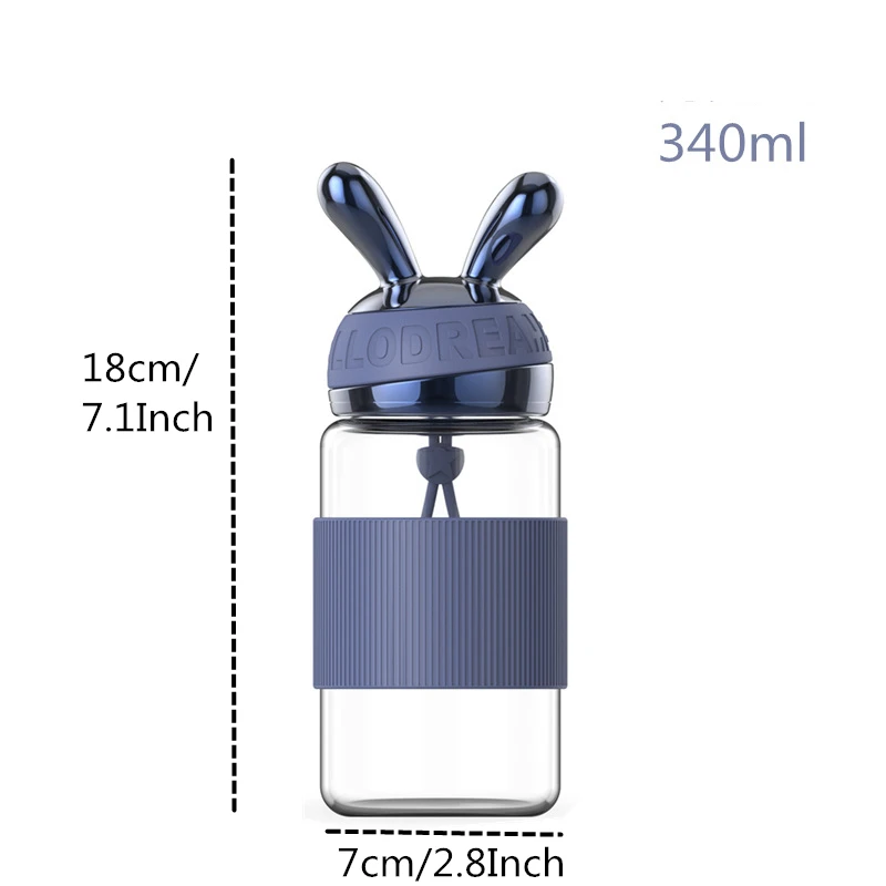 Blue VILEAD, 340 мл, стеклянная чашка с кроликом, милый мультяшный, боросиликатный, портативная, для улицы, ручная чашка, для студентов, пара, подарок, для женщин, с цветами, чашка - Цвет: Blue