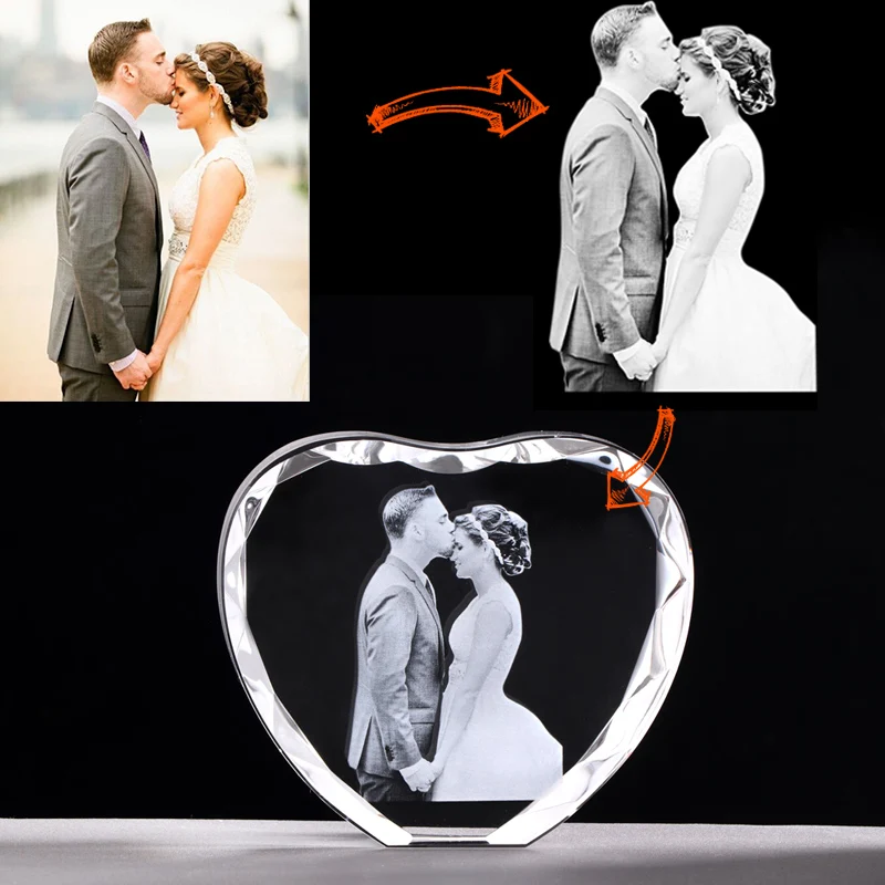 Anniversary Wedding Gifts for Her Women Personalised Photo Custom 2D Frame Laser Engraved K9 Crystal Heart Shape