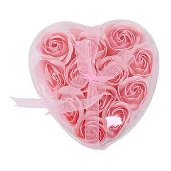 

HOT-12 Pcs Bathing Pink Rose Bud Flower Petal Soap + Heart Shape Box