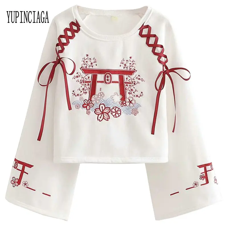 

YUPINCIAGA Japan Style Mori Women's Embroidery Lace Up Plus Velvet Short Sweatshirt Long Sleeve Harajuku Pullovers Femme