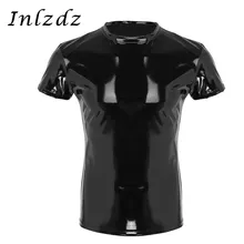 Мужское нижнее белье, топ, кожа, отделка с влажным эффектом, короткий рукав, круглый вырез, Сексуальная Блузка, Клубная одежда, Экзотический костюм, обтягивающая футболка