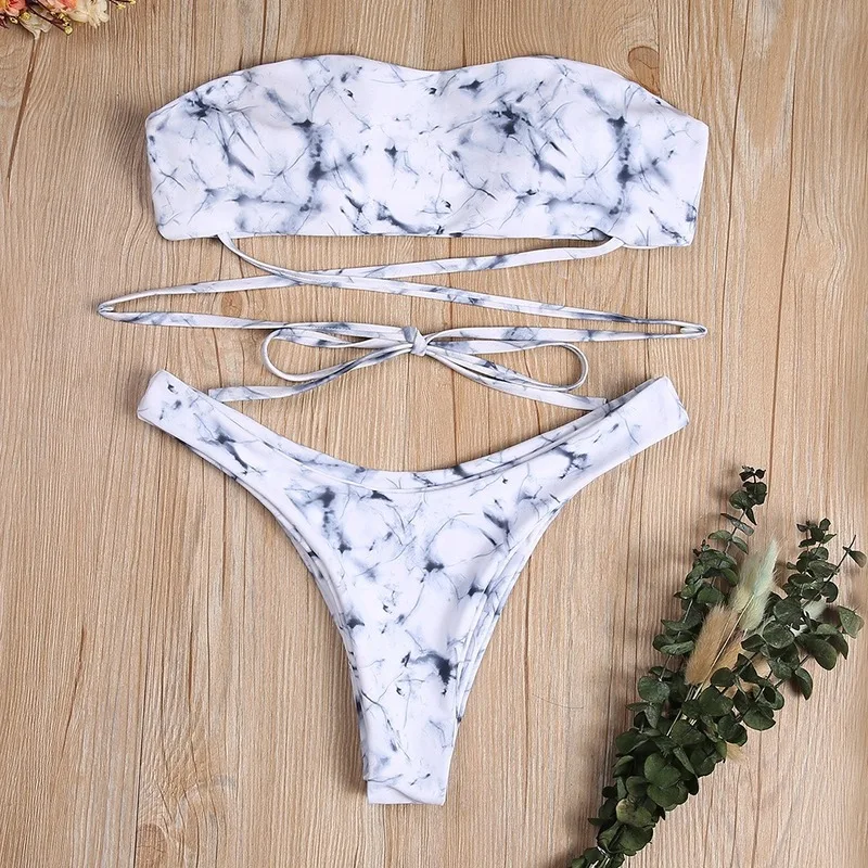 

Ink Marble Printing High Waisted Bathing Suits Off Shoulder Halter Bandage Bikini Set Sexy Backless Swimsuit Push Up Swimwear