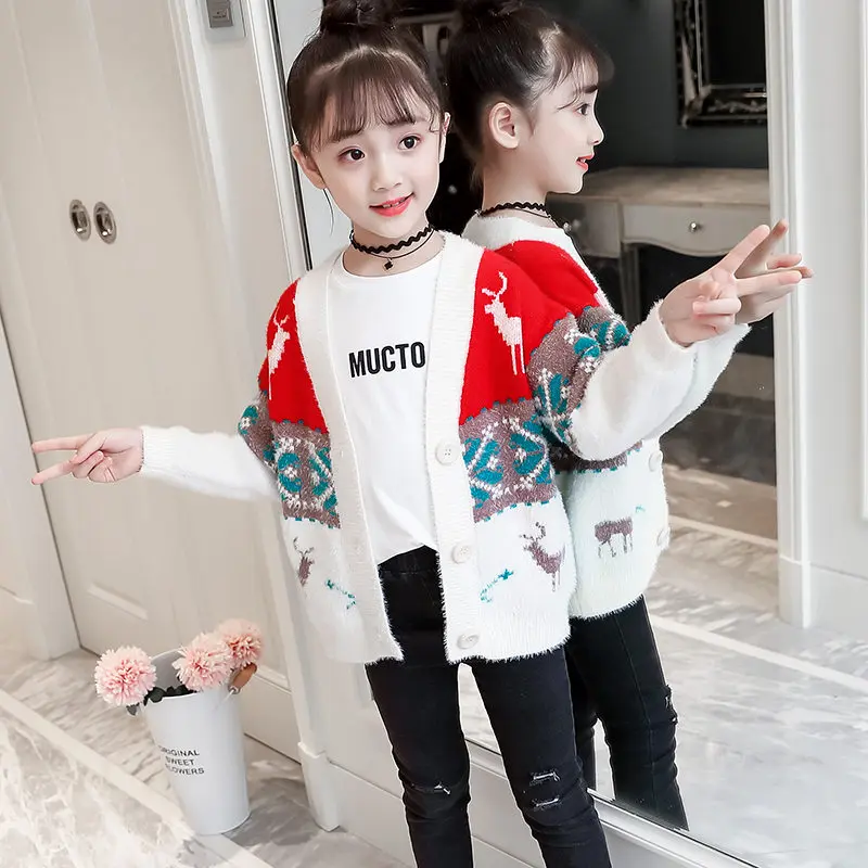 

Baby Girl Cardigan Sweater with Deer European and American Style Fashion New Year School Cardigan Sweater Christmas Clothes 4-13