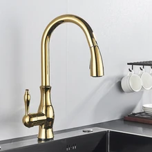 Gold Kitchen Faucet Pull Out Kitchen Sink Mixer Tap Single Handle Deck Mount Water Crane  Rotation Hot Cold Water Mixer Tap