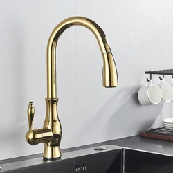 Gold Kitchen Faucet Pull Out Kitchen Sink Mixer Tap Single Handle Deck Mount Water Crane  Rotation Hot Cold Water Mixer Tap