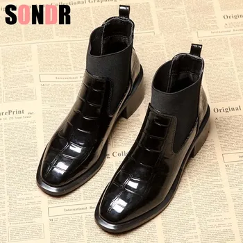 

2019 Chic Women Boots Shiny PU Leather Autumn Winter Shoes Woman Spuare Toe Block Heels Ankle Boots Female Botas Zapatos Mujer