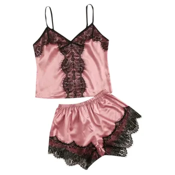 

pijamas feminino Women Sleepwear Sleeveless Strap Nightwear Lace Patchwork Trim Satin Cami Top Pajama Sets Пижама женская