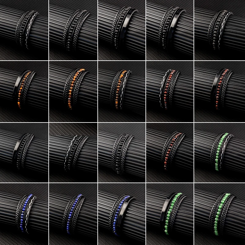 MingAo Punk Stainless Steel Beaded Custom Name Men Charm Bracelet Multi-layer Bangle Leather braid Magnet Clasp bracelet Jewelry